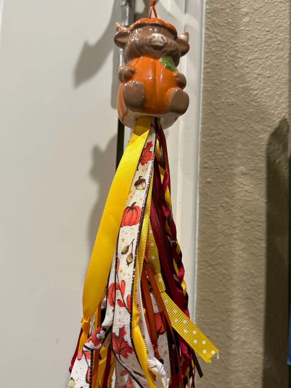 Orange Pumpkin Bear Hanging Accent with Fall Ribbon Streamers
